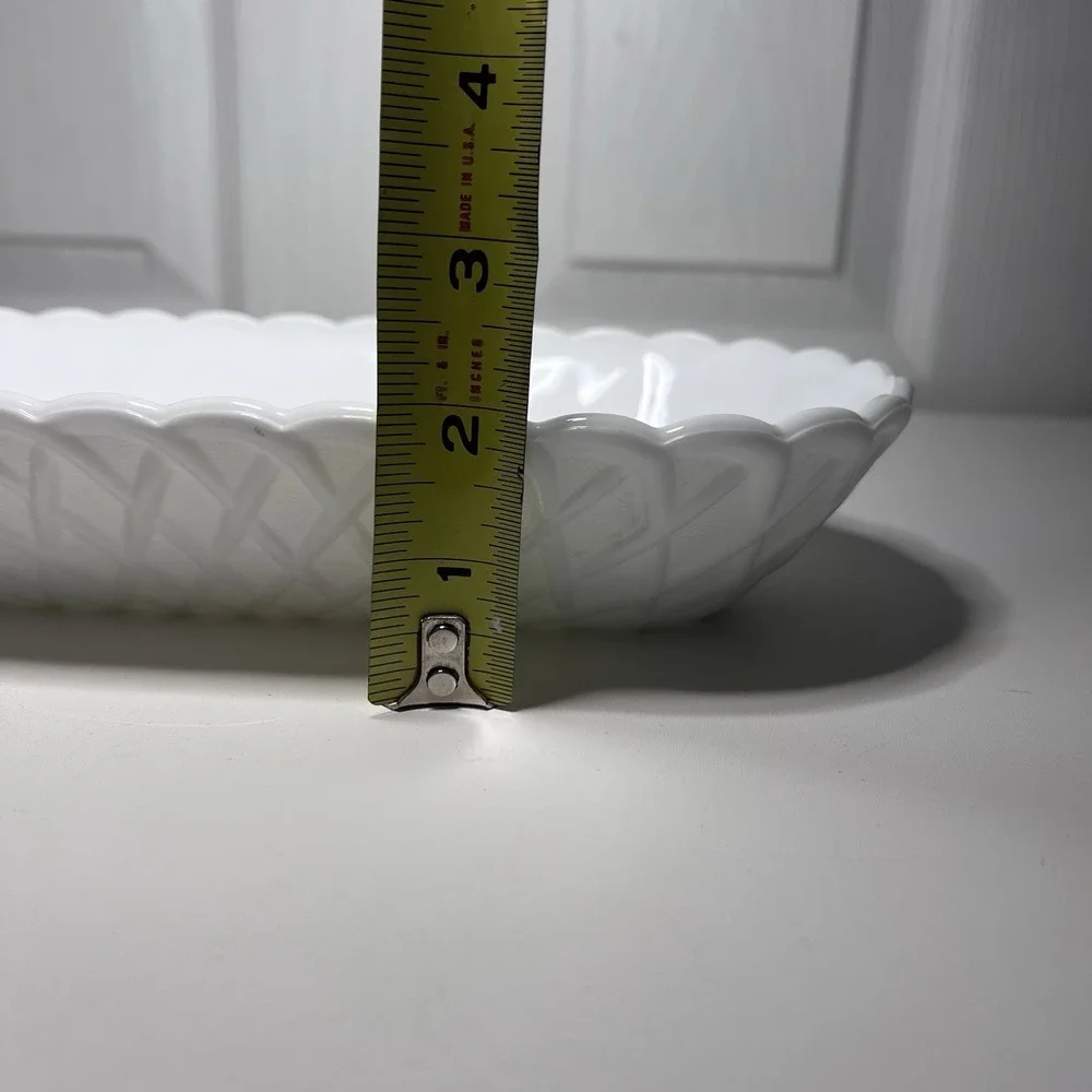Vintage Indiana Glass Pretzel Pattern Milk Glass Dish Scalloped Rim Oblong 10.25